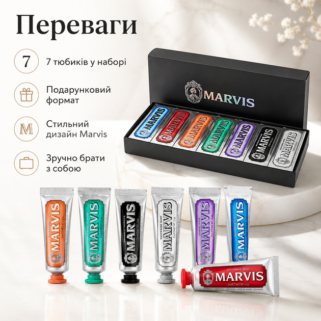 Подарочный набор зубных паст Marvis 7 Flavours Box 7×25 мл в коробке с 7 вкусами, итальянский дорожный набор - изображение 2