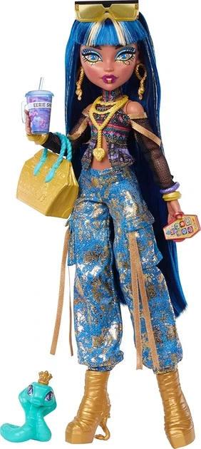 Кукла Monster High Cleo de nile Клео Де Нил в укороченном топе и золотых джинсовых брюках-карго с питомцем-змеей JHK32 - Фото 1 Кукла Monster High Cleo de nile Клео Де Нил в укороченном топе и золотых джинсовых брюках-карго с питомцем-змеей JHK32 - изображение 1
