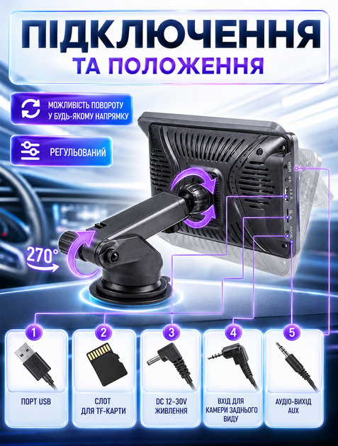 7-дюймовый автомобильный мультимедийный монитор с сенсорным экраном и поддержкой Apple CarPlay, Android Auto и MirrorLink поворот на 360° питание от прикуривателя 12–36 В - изображение 3