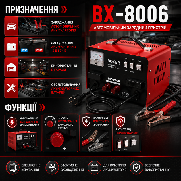 Автомобильное зарядное устройство BX-8006 CB-30 12/24 В 18 А для аккумулятора 20–120 Ач, автоматическая зарядка АКБ с электронным дисплеем, регулировкой тока и защитой от перегрузки - изображение 6