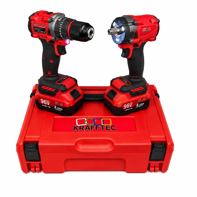 Набор аккумуляторного инструмента Krafftec Germany PRO 2в1 96V 8Ah ударная дрель шуруповерт и гайковерт с двумя аккумуляторами в пластиковом кейсе - изображение 11