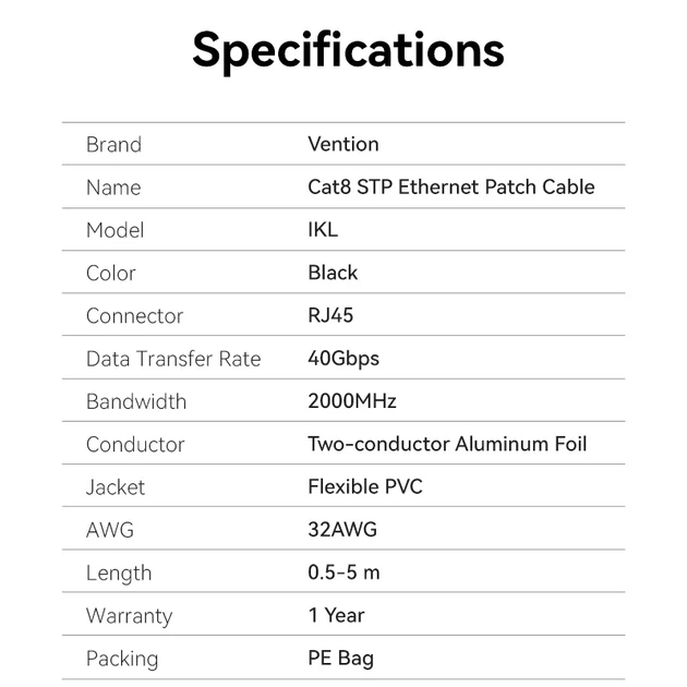 Патч-корд Vention CAT8 SSTP Ethernet, 1 м Black, rj-45 - rj-45, 8 жил, 360°, обертовий (IKLBF) - изображение 8