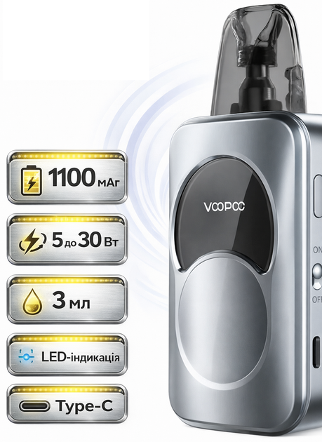 Багаторазова Pod-система Voopoo Argus A Storm Silver вейп 1100 мАг ВуПу Аргус до 30 Вт подік з міцних сплавів 3 мл Шторм Сілвер - Фото 2 Багаторазова Pod-система Voopoo Argus A Storm Silver вейп 1100 мАг ВуПу Аргус до 30 Вт подік з міцних сплавів 3 мл Шторм Сілвер - зображення 2