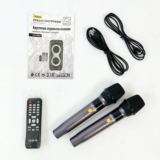 Колонка портативна ZXX-8820 60 Вт 2×8″ з мікрофонами та підсвіткою для вечірок і вулиці - Фото 7 Колонка портативна ZXX-8820 60 Вт 2×8″ з мікрофонами та підсвіткою для вечірок і вулиці - зображення 7