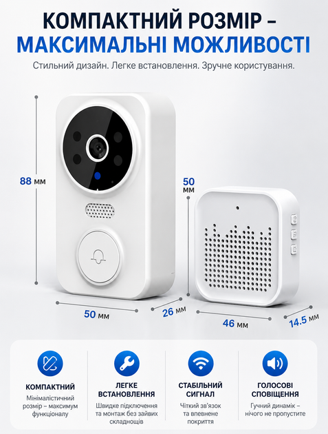 Бездротовий відеодомофон з камерою для дому та квартири через Wi‑Fi з двостороннім зв'язком сповіщеннями про рух захист IP55 640×480 управління через додаток Ulooka - зображення 5