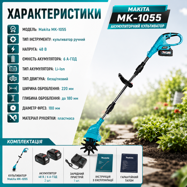 Акумуляторний культиватор Makita MK-1055 48V з двома акумуляторами 6Ah, безщітковий ручний мотокультиватор для розпушування ґрунту, городу, саду, дачі та підготовки грядок - зображення 5