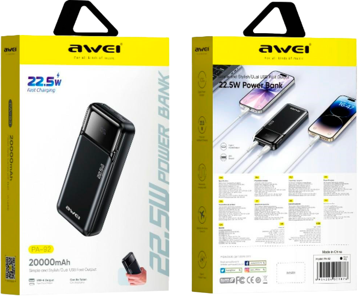 УМБ Awei PA-92 20000 mAh 22.5W Black (AWE000306) - зображення 2
