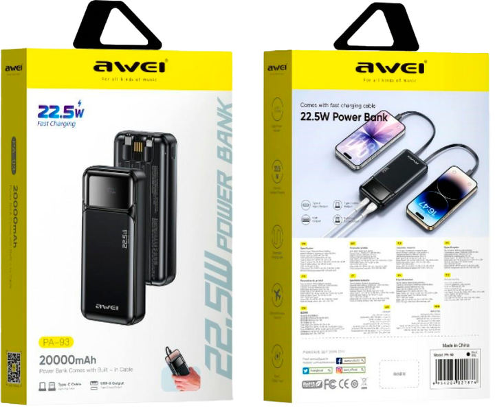 УМБ Awei PA-93 20000 mAh 22.5W Black (AWE000307) - зображення 2