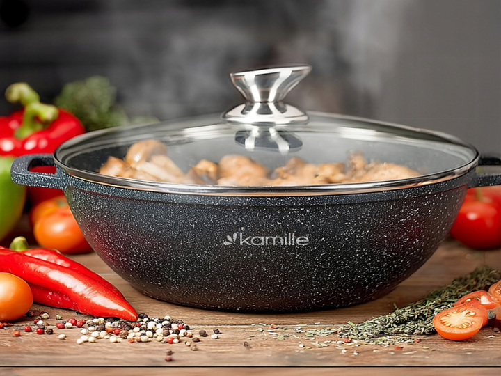 Кастрюля-вок с крышкой Kamille KM-4485, 4 л, литой алюминий, Ø28 см, антипригарное покрытие «черный мрамор», для всех плит - Фото 3 Кастрюля-вок с крышкой Kamille KM-4485, 4 л, литой алюминий, Ø28 см, антипригарное покрытие «черный мрамор», для всех плит - изображение 3