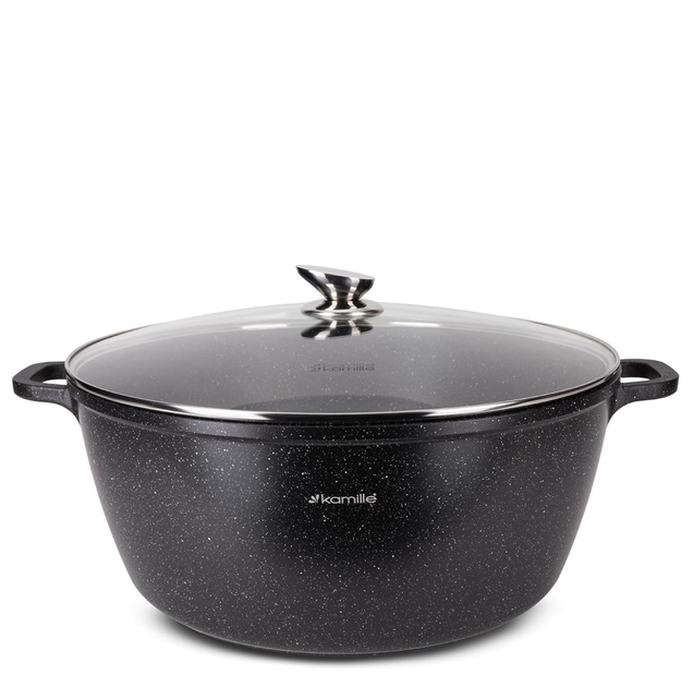 Кастрюля с крышкой Kamille KM-4483, 18.5 л, литой алюминий, Ø40 см, антипригарное покрытие «черный мрамор», для всех плит - Фото 1 Кастрюля с крышкой Kamille KM-4483, 18.5 л, литой алюминий, Ø40 см, антипригарное покрытие «черный мрамор», для всех плит - изображение 1