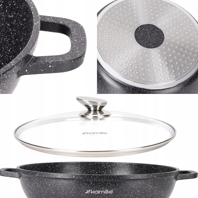 Кастрюля с крышкой Kamille KM-4481, 10.0 л, литой алюминий, Ø32 см, антипригарное покрытие «черный мрамор», для всех плит - Фото 4 Кастрюля с крышкой Kamille KM-4481, 10.0 л, литой алюминий, Ø32 см, антипригарное покрытие «черный мрамор», для всех плит - изображение 4