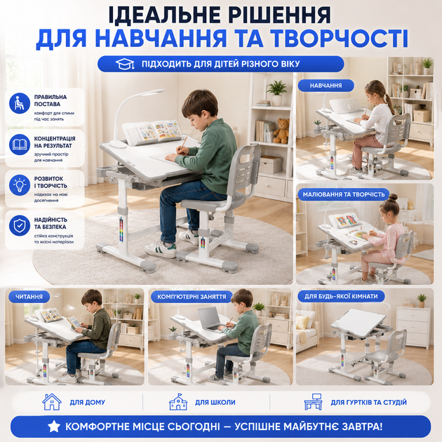 Детский письменный стол с регулировкой высоты, стул, лампа и подставка для обучения - изображение 4