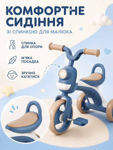 Детский трехколесный велосипед с музыкой светом фарой корзиной и спинкой до 40 кг Синий (49676124) - изображение 2