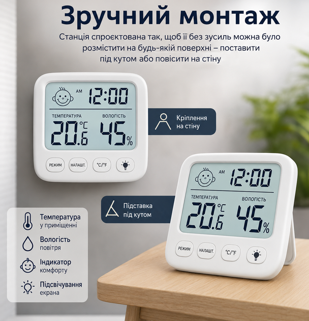 Термогигрометр измеритель влажности термометр влагомер гигрометр воздуха в помещении портативный комнатный цифровой прибор с часами и индикатором комфорта комплект с батарейками (EL-3821) - изображение 5