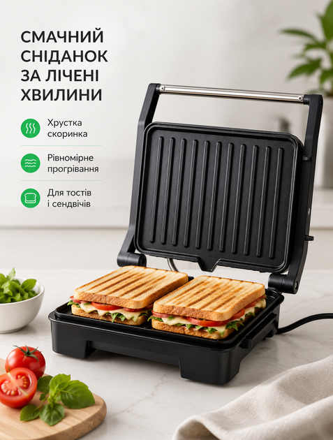 Контактний гриль-прес для домашнього приготування 1000 Вт з антипригарним покриттям 23×14,5 см для двосторонньої прожарки з індикатором нагріву - зображення 2
