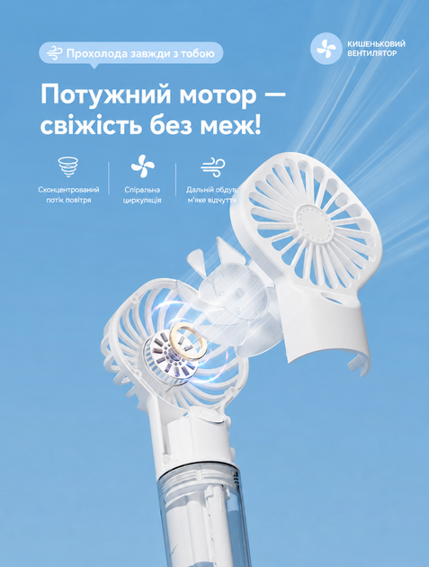 Портативный вентилятор с увлажнителем 2в1 для работы и путешествий с аккумулятором 600 мАг и 3 скоростями, белый - изображение 6