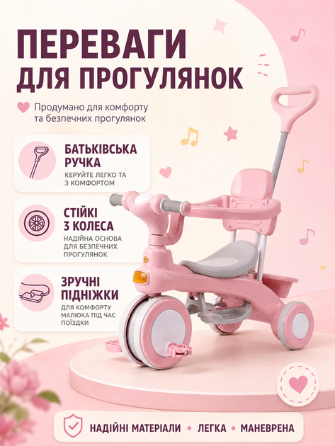 Велосипед дитячий триколісний 2 в 1 із батьківською ручкою, захисним бампером, підніжкою та кошиком, велосипед-коляска рожевий (49676101) - зображення 2