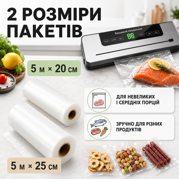 Комплект вакууматор для їжі з різаком і 2 рулони пакетів 5 м × 20 см, 5 м × 25 см - зображення 4