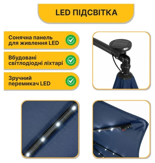 Складна садова парасоля з боковим подовжувачем та LED підсвіткою LEOBRO Синя (LB-1086) (LEO_LB-1086) - Фото 6 Складна садова парасоля з боковим подовжувачем та LED підсвіткою LEOBRO Синя (LB-1086) (LEO_LB-1086) - изображение 6