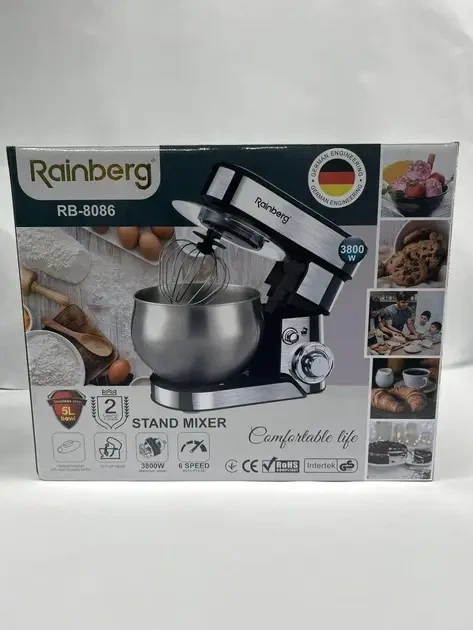 Планетарный миксер тестомисс Rainberg RB-8086 3800 Вт 5 л с металлической чашей, 6 скоростей и насадками для сбивания, смешивания и замешивания теста - изображение 5