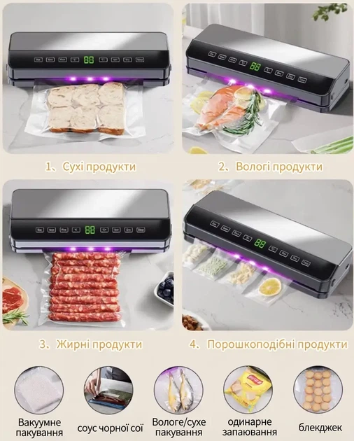 Вакуумный упаковщик Zepline 200 Вт для сухих, влажных и сыпучих продуктов с LED-дисплеем и комплектом пакетов - изображение 5