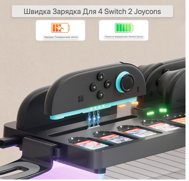 Док-станция для Nintendo Switch 2 с зарядкой Joy-Con, органайзер для консоли, 16 слотов для игр, RGB подсветка, держатель - изображение 6