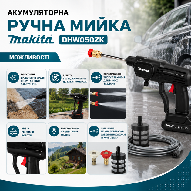 Аккумуляторная ручная мойка высокого давления Makita DHW050ZK 24 В, 2 аккумулятора по 5,0 А·ч, беспроводная портативная автомойка 26 бар, шланг 5 м, для мытья автомобилей, велосипедов, мотоциклов, садовой мебели и дорожных покрытий - Фото 7 Аккумуляторная ручная мойка высокого давления Makita DHW050ZK 24 В, 2 аккумулятора по 5,0 А·ч, беспроводная портативная автомойка 26 бар, шланг 5 м, для мытья автомобилей, велосипедов, мотоциклов, садовой мебели и дорожных покрытий - изображение 7