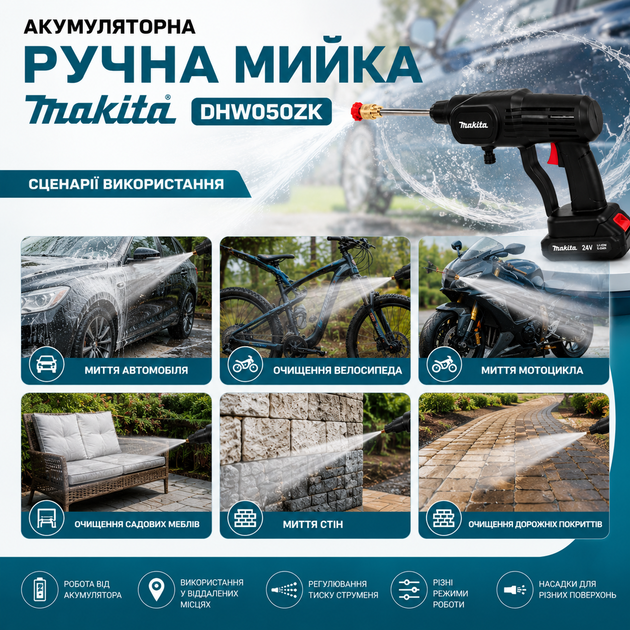 Аккумуляторная ручная мойка высокого давления Makita DHW050ZK 24 В, 2 аккумулятора по 5,0 А·ч, беспроводная портативная автомойка 26 бар, шланг 5 м, для мытья автомобилей, велосипедов, мотоциклов, садовой мебели и дорожных покрытий - Фото 8 Аккумуляторная ручная мойка высокого давления Makita DHW050ZK 24 В, 2 аккумулятора по 5,0 А·ч, беспроводная портативная автомойка 26 бар, шланг 5 м, для мытья автомобилей, велосипедов, мотоциклов, садовой мебели и дорожных покрытий - изображение 8