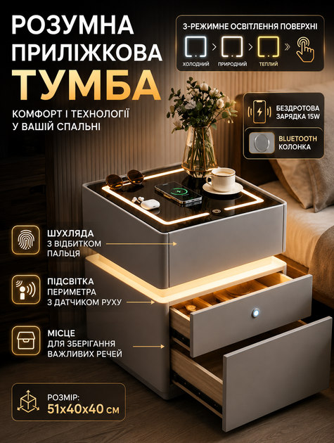 Прикроватна тумба Brille для спальні з підсвіткою, сейфом та бездротовою зарядкою 51×40×40 см сірого кольору - Фото 1 Прикроватна тумба Brille для спальні з підсвіткою, сейфом та бездротовою зарядкою 51×40×40 см сірого кольору - зображення 1
