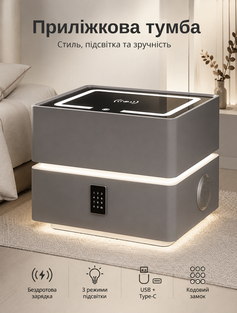 Прикроватна тумба Brille для спальні з підсвіткою сейфом Bluetooth-колонкою та бездротовою зарядкою, сіра - Фото 1 Прикроватна тумба Brille для спальні з підсвіткою сейфом Bluetooth-колонкою та бездротовою зарядкою, сіра - зображення 1