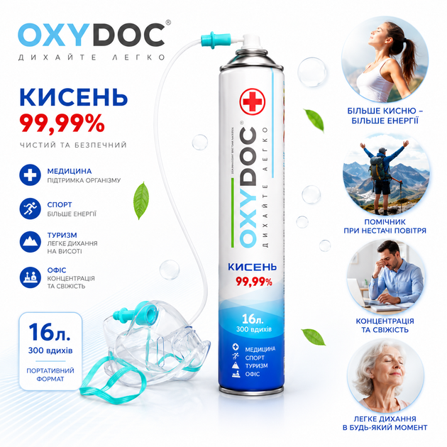 Портативний кисневий балончик Oxydoc 16 л з маскою - Фото 1 Портативний кисневий балончик Oxydoc 16 л з маскою - изображение 1