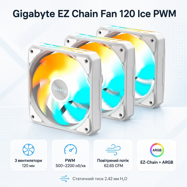 Комплект корпусних вентиляторів Gigabyte EZ Chain Fan 120 Ice PWM 3 шт. 120 мм 2200 об/хв White (GP-GBT EZFAN1203 ICE) - зображення 2