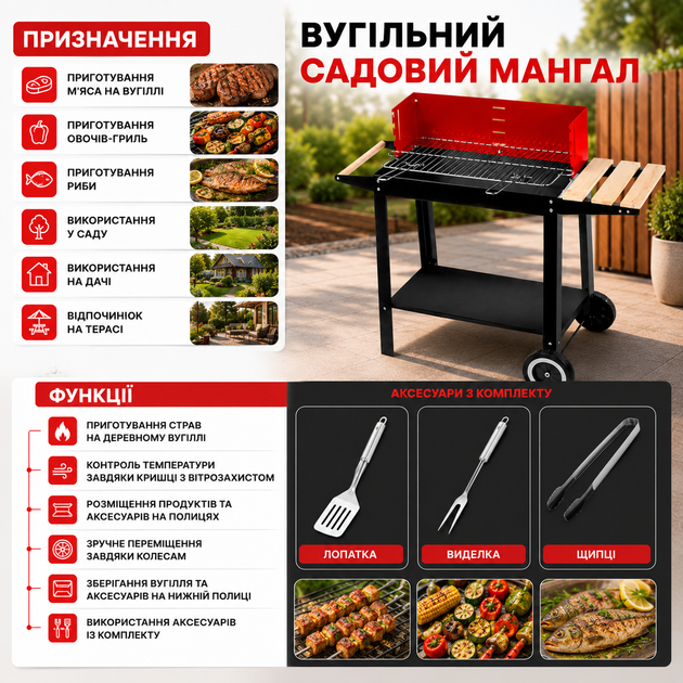Угольный садовый мангал Gordon на колесах с крышкой, хромированной решеткой, полками и аксессуарами, гриль для дачи, сада, террасы и пикника, жаровня 52,5×28 см - изображение 6