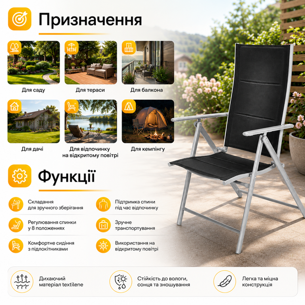 Складной алюминиевый стул для террасы и балкона eDomator MODENA, кресло с регулируемой спинкой (8 положений), мебель для отдыха на даче, ткань Textilene, до 120 кг, серебристо-черный - Фото 6 Складной алюминиевый стул для террасы и балкона eDomator MODENA, кресло с регулируемой спинкой (8 положений), мебель для отдыха на даче, ткань Textilene, до 120 кг, серебристо-черный - изображение 6
