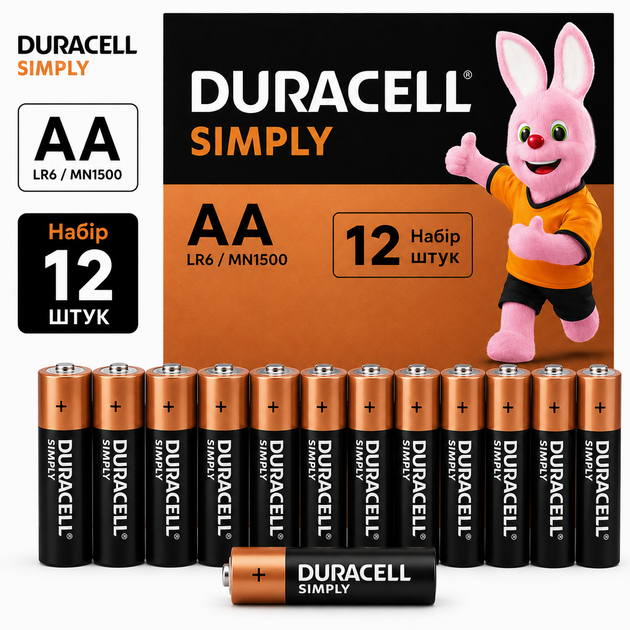 Батарейки Duracell Simply AA (LR6/MN1500) 1.5V, набор 12 ШТУК, щелочные элементы питания для пультов, игрушек и бытовых устройств - Фото 1 Батарейки Duracell Simply AA (LR6/MN1500) 1.5V, набор 12 ШТУК, щелочные элементы питания для пультов, игрушек и бытовых устройств - изображение 1