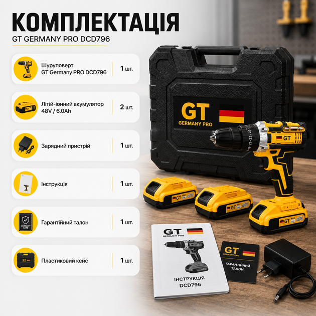 Ударный аккумуляторный шуруповерт GT Germany PRO DCD796 48 В 6,0 А·ч, бесщеточная дрель-шуруповерт с ударной функцией, 2 аккумулятора, крутящий момент 450 Нм, патрон 13 мм, чехол - Фото 6 Ударный аккумуляторный шуруповерт GT Germany PRO DCD796 48 В 6,0 А·ч, бесщеточная дрель-шуруповерт с ударной функцией, 2 аккумулятора, крутящий момент 450 Нм, патрон 13 мм, чехол - изображение 6
