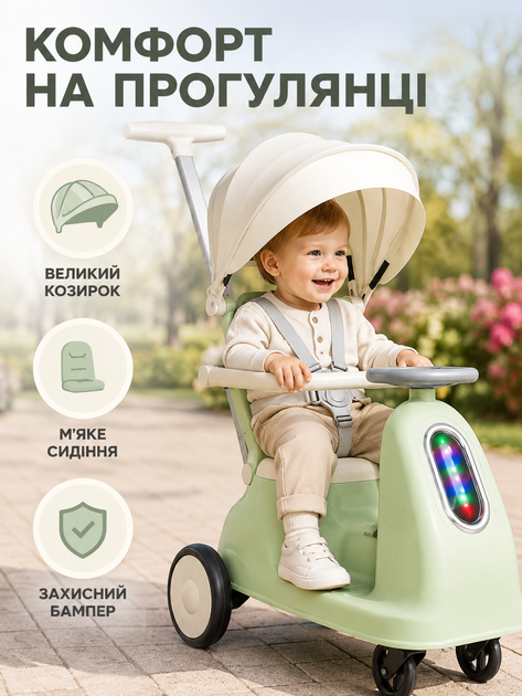 Детский электрический толокар 5-в-1 с родительской ручкой мотором аккумулятором козырьком музыкой и подсветкой для детей 1–5 лет (49676137) - изображение 2