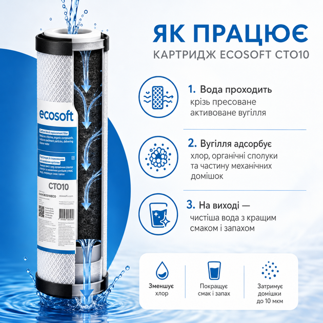 Змінний елемент Ecosoft 10 дюймів із брикетованим активованим вугіллям для видалення органіки та механіки - изображение 3