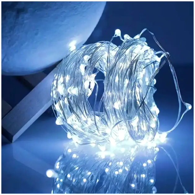 Гирлянда 10м 100LED на батарейках и USB для дома холодный белый LS-656 - изображение 3