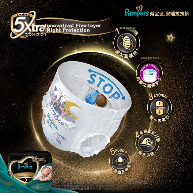 Підгузки Pampers Night Use Research Black Gold Help Sleep Pull-Up Pants, дитячі, для повноцінного нічного сну, ультратонкі, розмір 24+3 - изображение 8