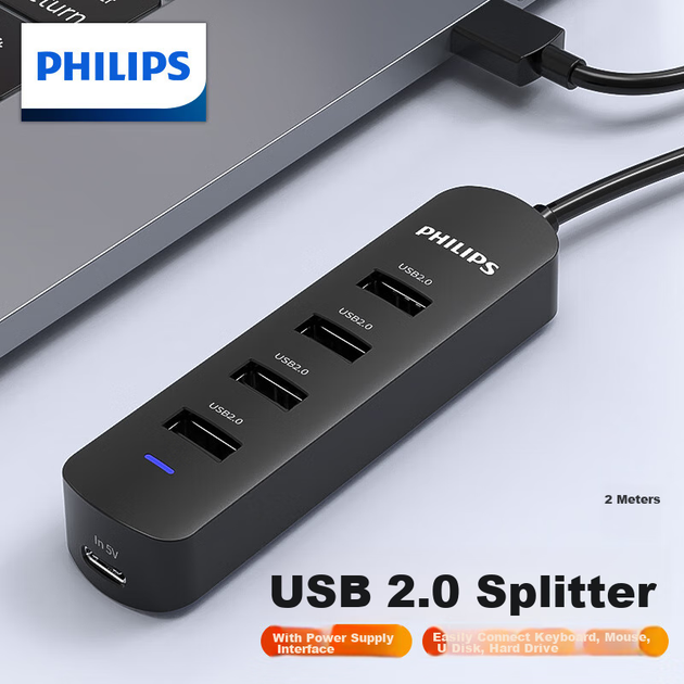 USB-концентратор PHILIPS 2.0 с четырьмя портами и разъемом для внешнего источника питания, удлинительный кабель-конвертер для ноутбуков и настольных компьютеров Huawei с 4 портами, 2 метра. - изображение 4