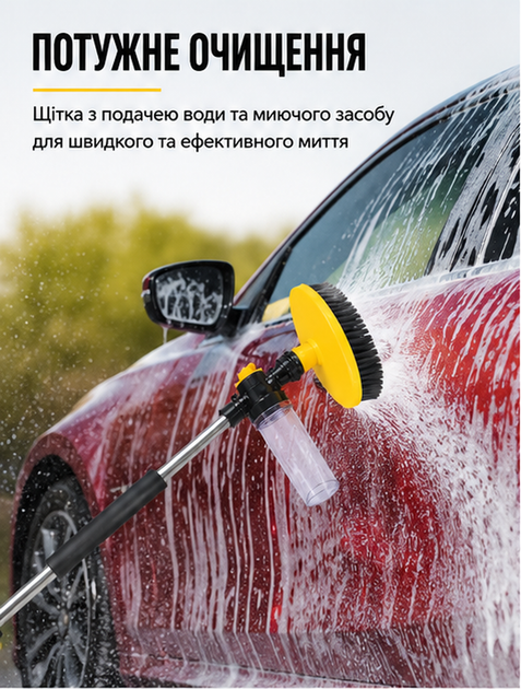 Портативна насадка на шланг для мийки авто та саду з ємністю для піни і щітками, потужна реактивна струя, універсальне підключення - зображення 3