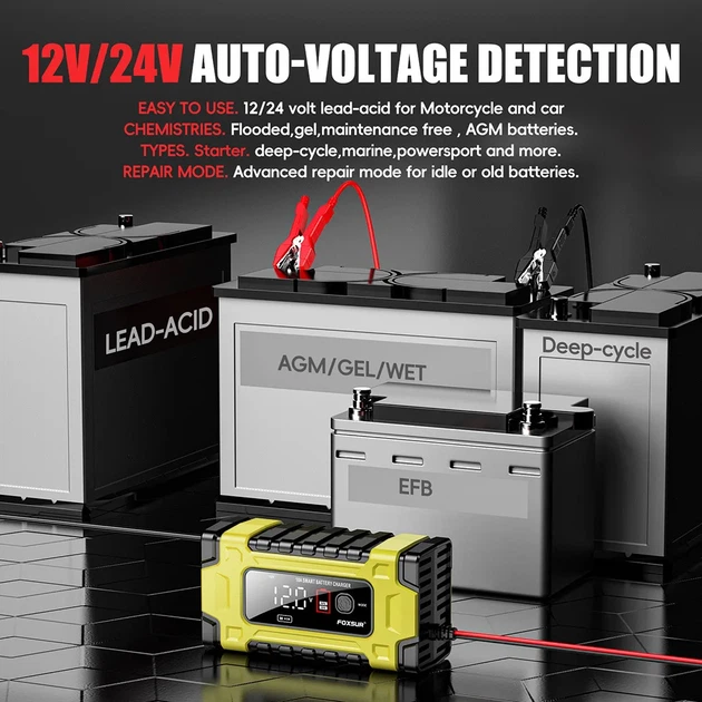 Зарядное устройство автомобильное 12V/24V Foxsur FBC122410E Автоматическое импульсное с функцией восстановления Yellow (19432) - изображение 13