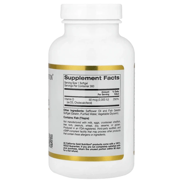 Вітамін D3 California Gold Nutrition (Vitamin D3) 50 мкг (2000 МО) 360 капсул із риб'ячого желатину (CGN-01180) - Фото 2 Вітамін D3 California Gold Nutrition (Vitamin D3) 50 мкг (2000 МО) 360 капсул із риб'ячого желатину (CGN-01180) - зображення 2