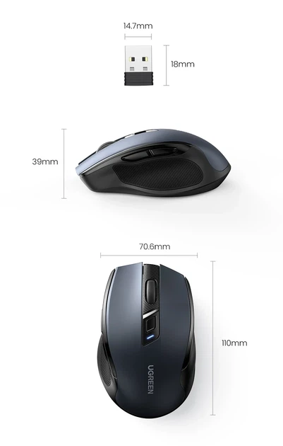 Беспроводная мышь UGREEN MU006 Bluetooth 5.0 + 2.4G, 4000 DPI, 6 бесшумных кнопок, эргономичная для ноутбука, ПК и MacBook - изображение 3