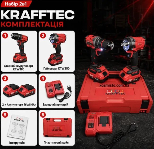 Набор 2в1 Krafftec Germany PRO Ударный шуруповерт + Гайковерт, 96V, 8Ah - изображение 6