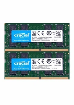 Комплект оперативной памяти для ноутбука Crucial 32GB (2x16GB) DDR4 2400MHz SO-DIMM (CT16G4SFD824A.M16FE) - Фото 1 Комплект оперативной памяти для ноутбука Crucial 32GB (2x16GB) DDR4 2400MHz SO-DIMM (CT16G4SFD824A.M16FE) - изображение 1
