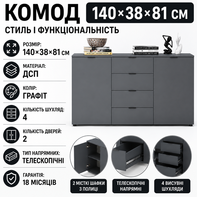 Комод у спальню Doros Рон 5 140х38х81 см Графіт (29141) - зображення 6