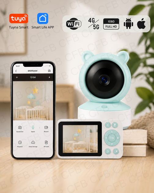 Видеоняня с двусторонним связком Baby Monitor с 5 дюймовым HD экраном поворотная радионяняня с гибким креплением и ночным видением - изображение 4