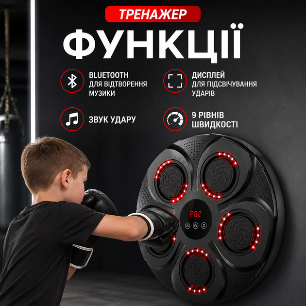 Боксерский тренажер для детей с Bluetooth, настенный музыкальный тренажер для бокса с 5 ударными зонами, интерактивная мишень с подсветкой и подсчетом ударов - изображение 3